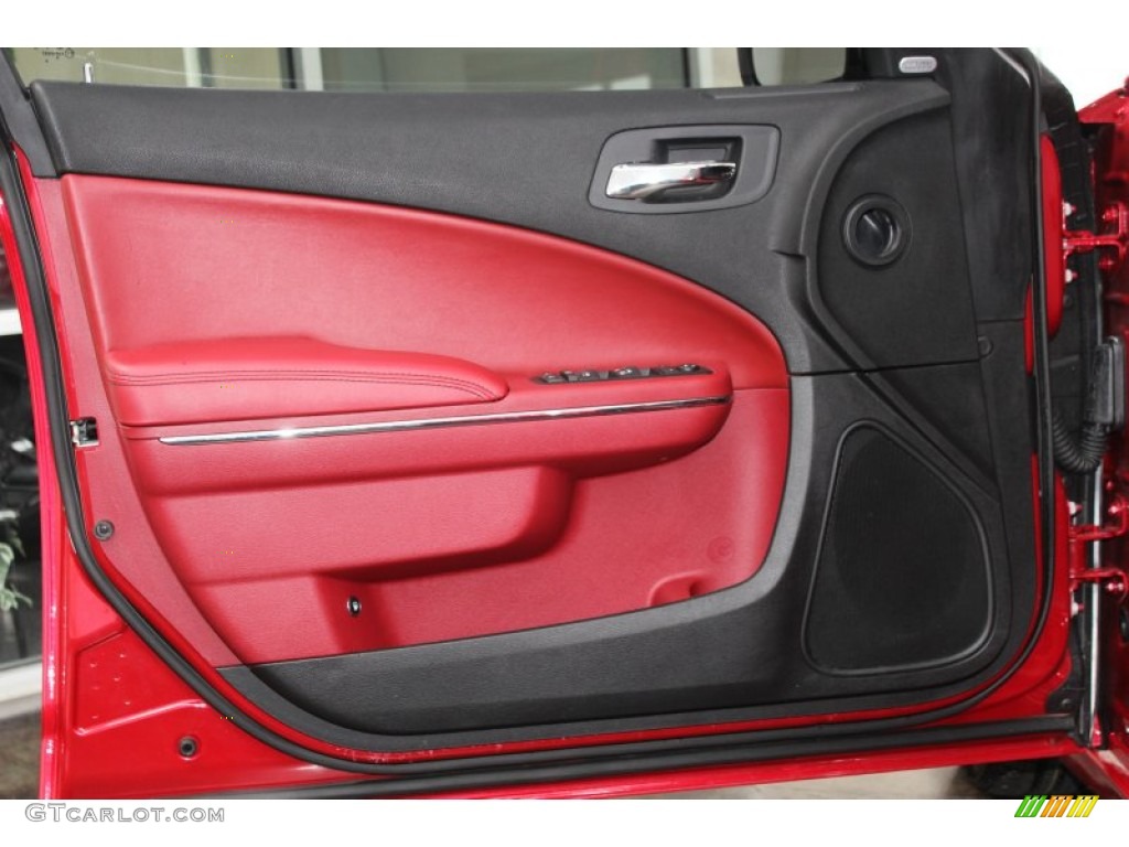 2012 Dodge Charger SXT Plus Black/Red Door Panel Photo #81208419