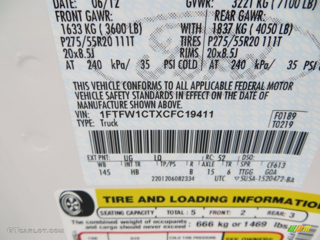 2012 Ford F150 Lariat SuperCrew Color Code Photos