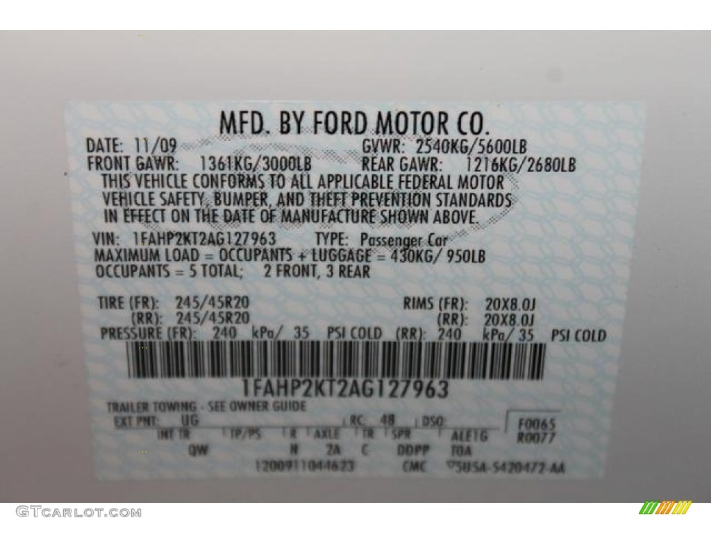 2010 Taurus Color Code UG for White Platinum Metallic Tri-Coat Photo #81221523