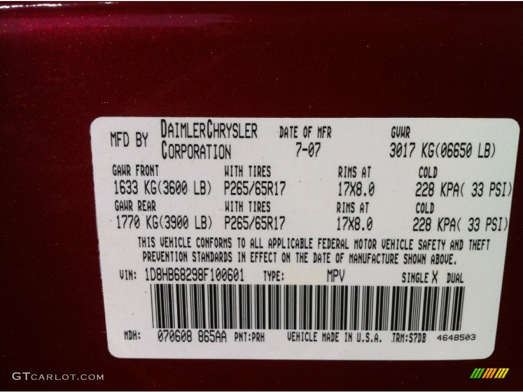 2008 Durango Color Code PRH for Inferno Red Crystal Pearl Photo #81227500