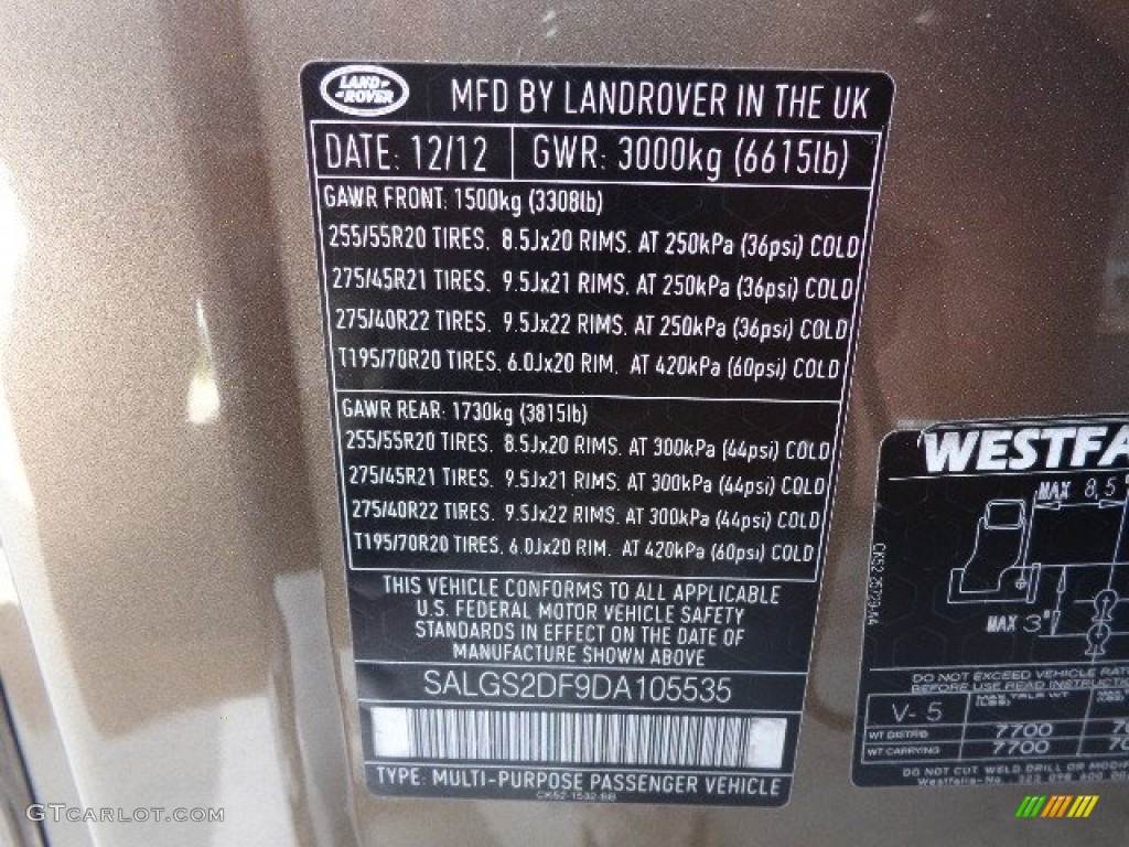 2013 Land Rover Range Rover HSE LR V8 Info Tag Photo #81234900
