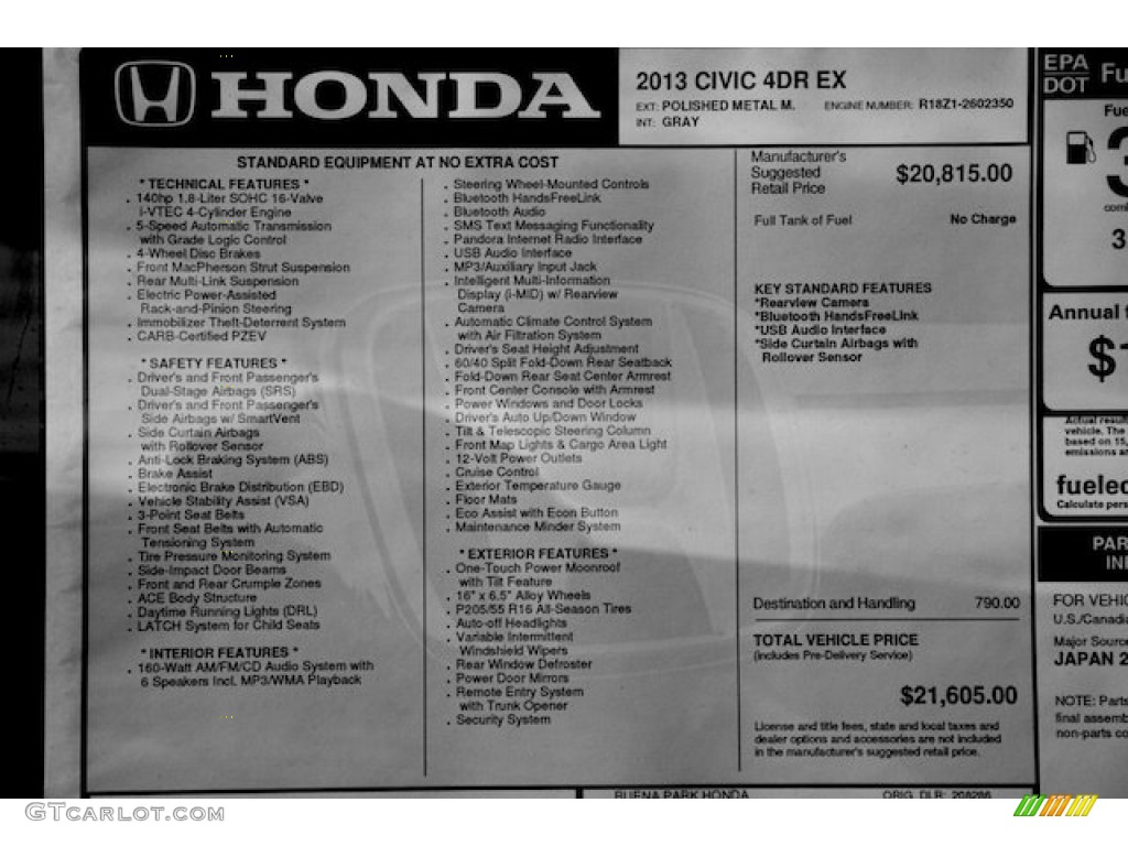 2013 Honda Civic EX Sedan Window Sticker Photo #81243649