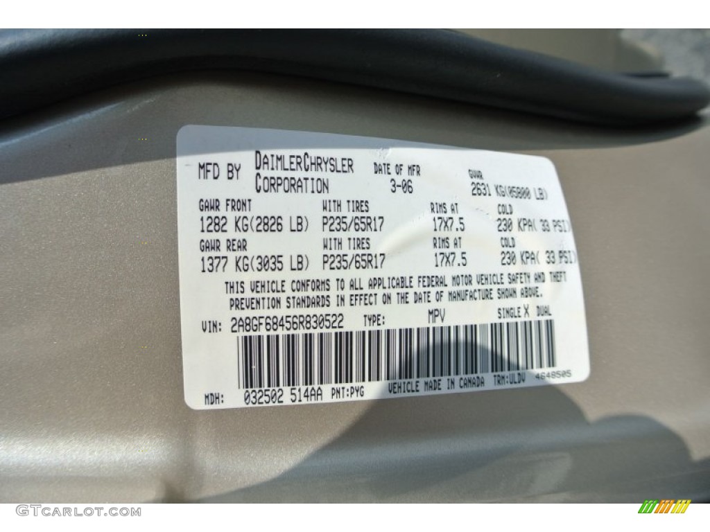 2006 Chrysler Pacifica Touring AWD Color Code Photos