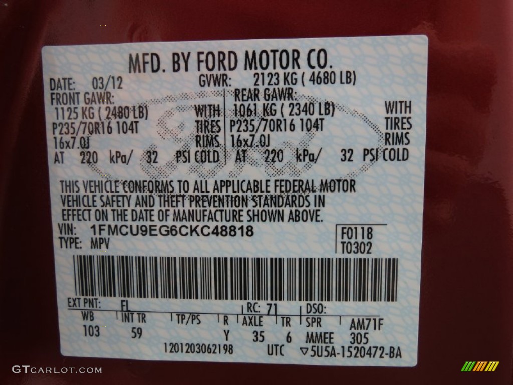 2012 Escape Color Code FL for Toreador Red Metallic Photo #81267093