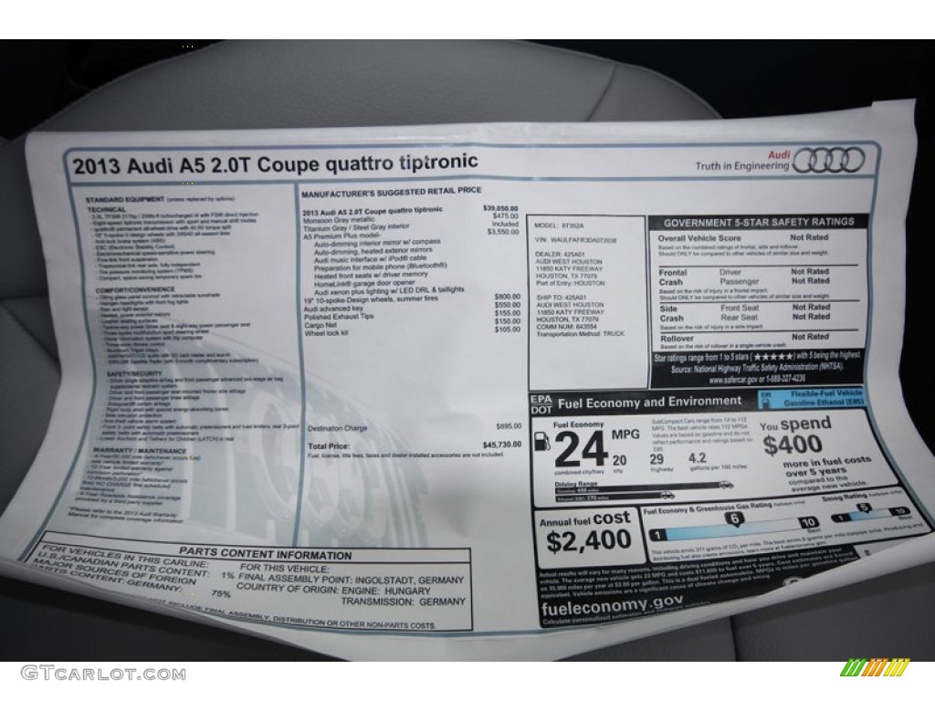 2013 Audi A5 2.0T quattro Coupe Window Sticker Photo #81280648