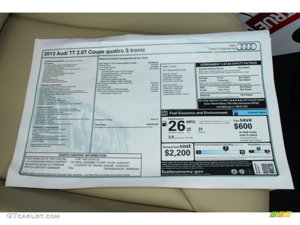 2013 Audi TT 2.0T quattro Coupe Window Sticker Photo #81281382