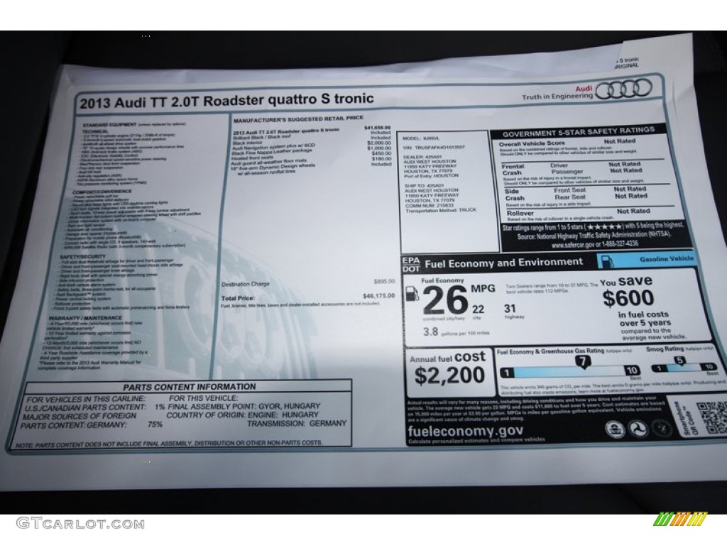 2013 Audi TT 2.0T quattro Roadster Window Sticker Photo #81281677