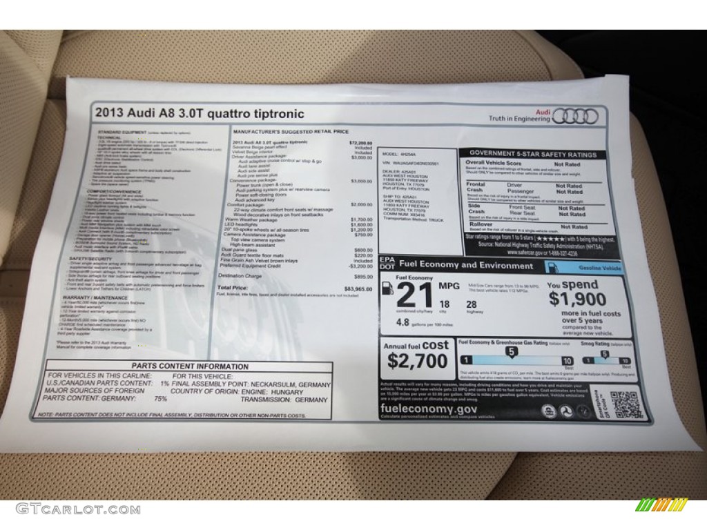 2013 Audi A8 3.0T quattro Window Sticker Photos