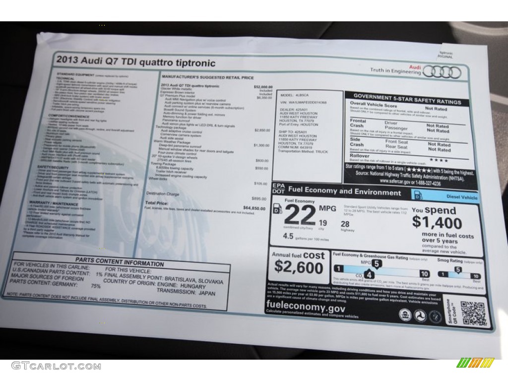 2013 Audi Q7 3.0 TDI quattro Window Sticker Photo #81292691