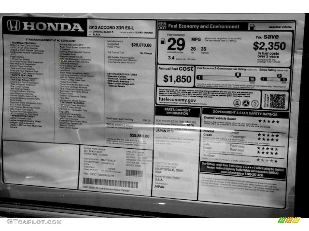 2013 Honda Accord EX-L Coupe Window Sticker Photo #81293528