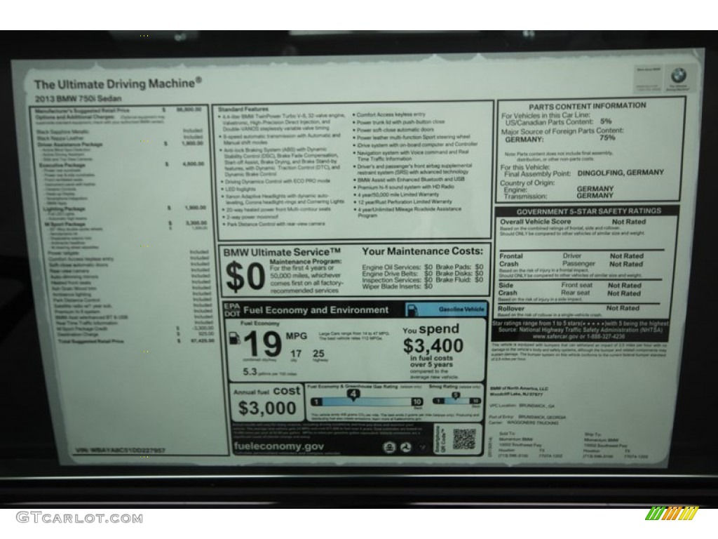 2013 BMW 7 Series 750i Sedan Window Sticker Photo #81302621