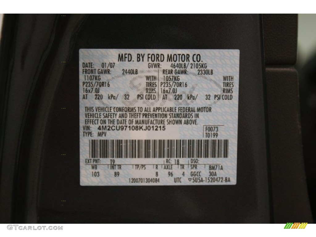 2008 Mercury Mariner V6 Premier 4WD Color Code Photos