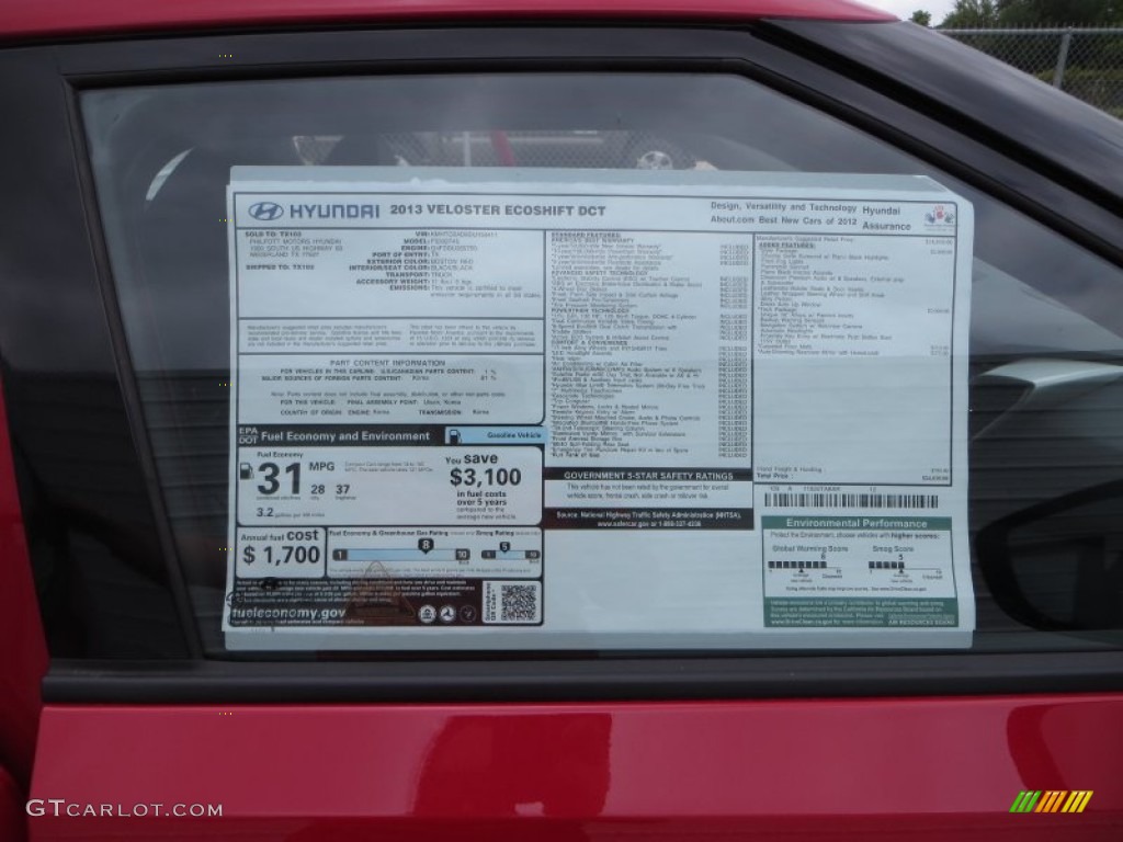 2013 Hyundai Veloster Standard Veloster Model Window Sticker Photo #81325046