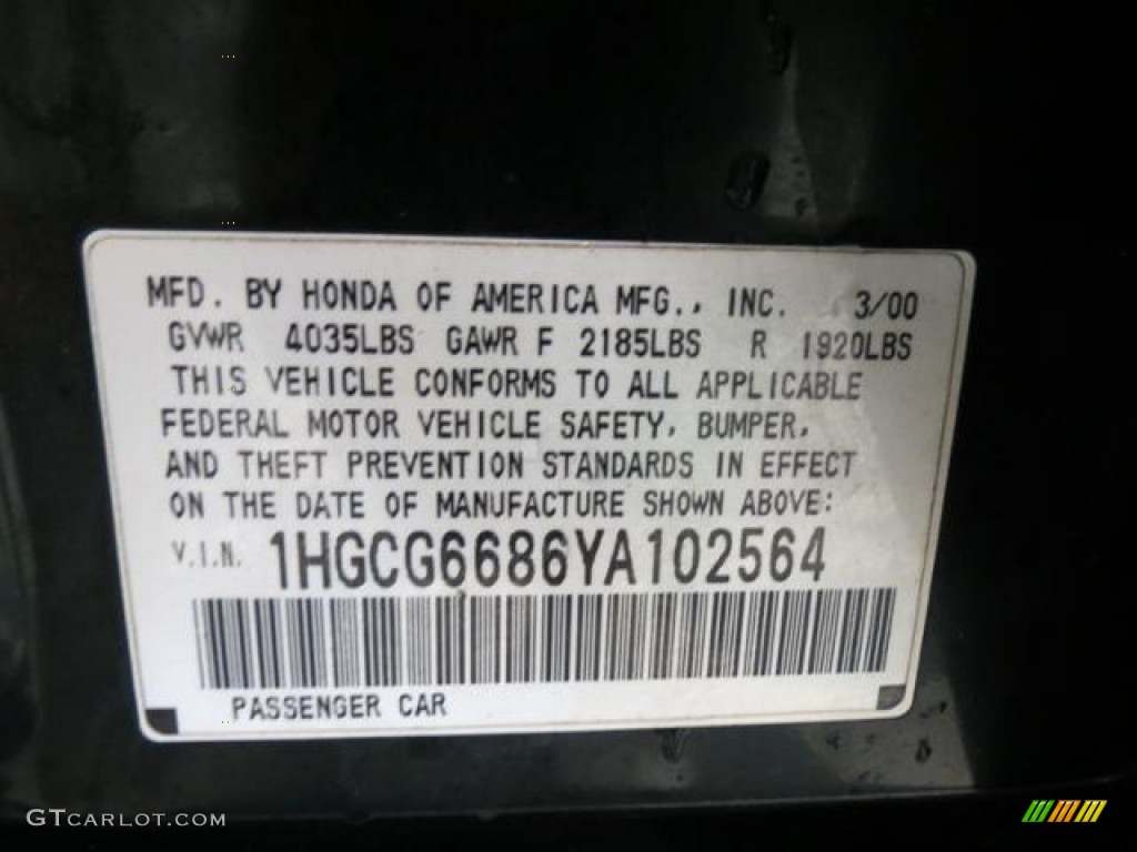 2000 Honda Accord EX Sedan Info Tag Photo #81332892