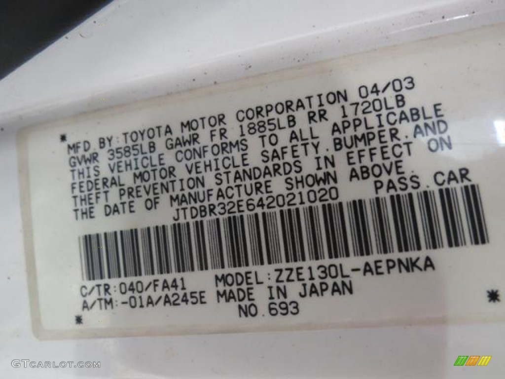 2004 Corolla Color Code 040 for Super White Photo #81333603