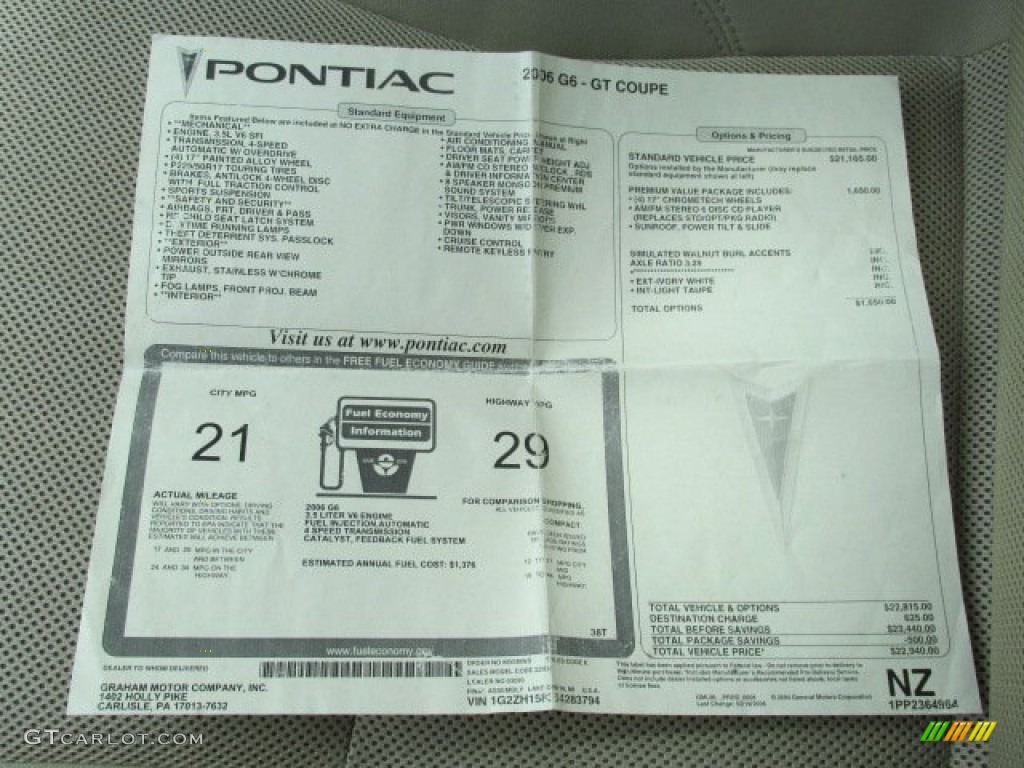 2006 Pontiac G6 GT Coupe Window Sticker Photos