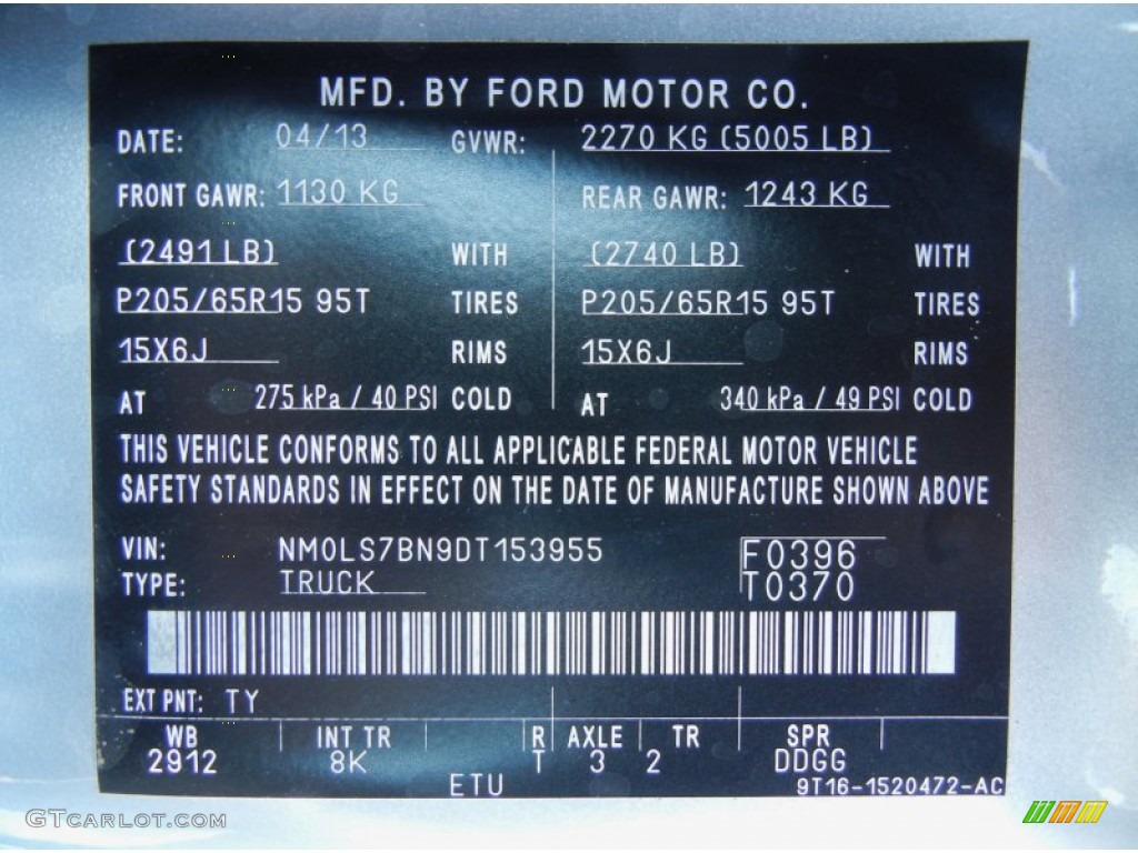2013 Transit Connect Color Code TY for Silver Metallic Photo #81350706