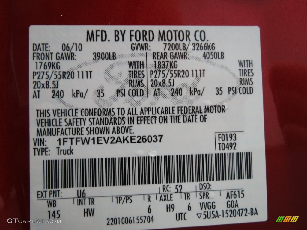2010 Ford F150 Lariat SuperCrew 4x4 Color Code Photos