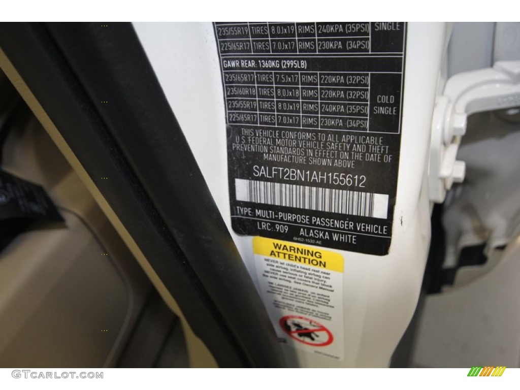 2010 LR2 Color Code 909 for Alaska White Photo #81363605