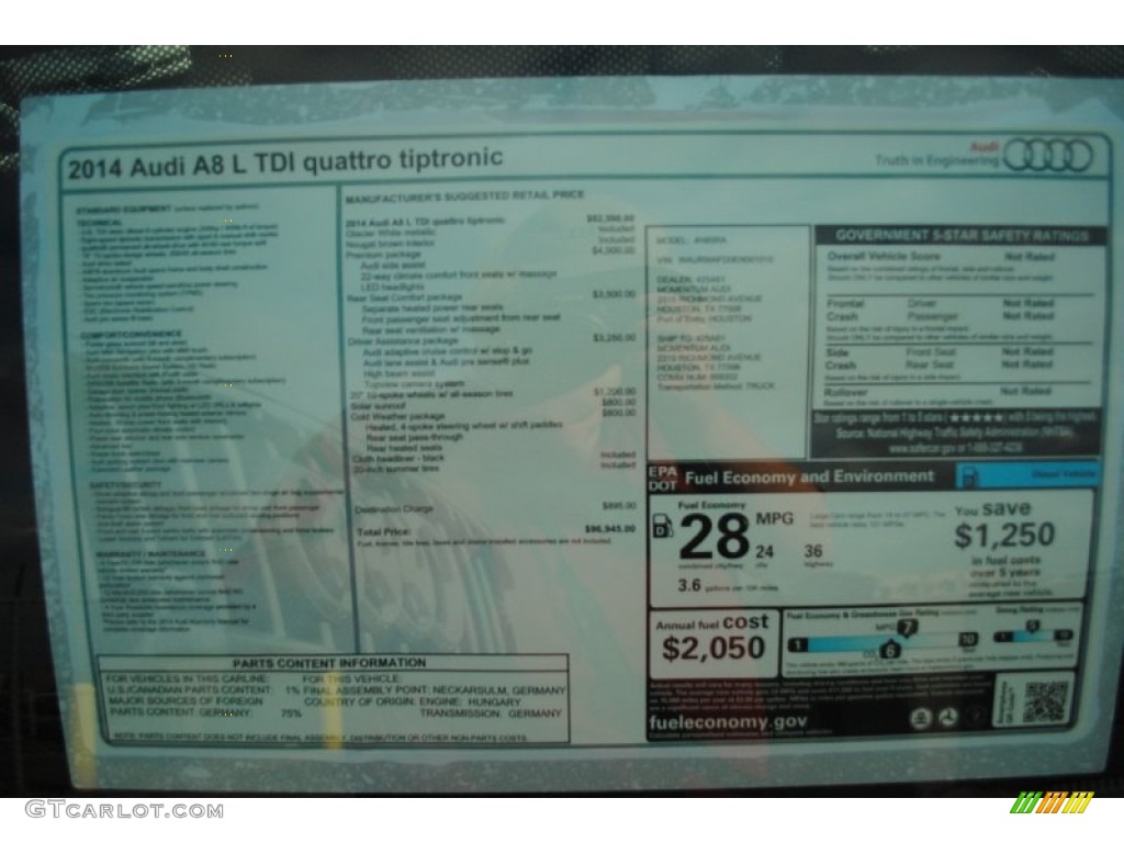 2014 Audi A8 L TDI quattro Window Sticker Photo #81370072