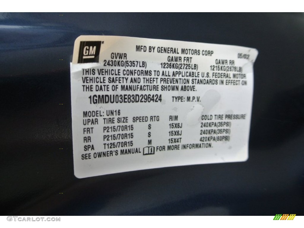 2003 Pontiac Montana Standard Montana Model Info Tag Photos