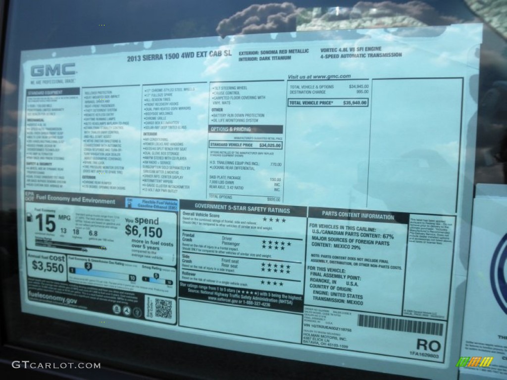 2013 GMC Sierra 1500 SL Extended Cab 4x4 Window Sticker Photos
