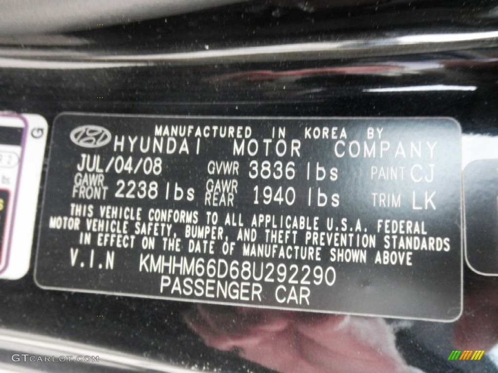 2008 Hyundai Tiburon GS Color Code Photos