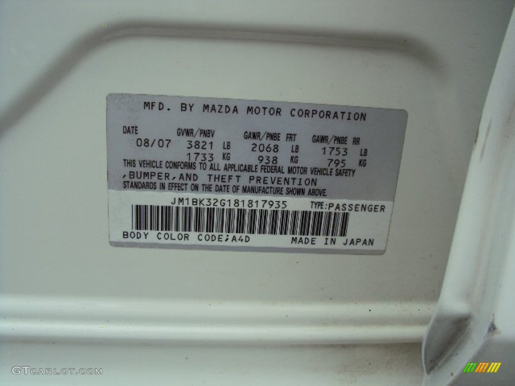 2008 MAZDA3 Color Code A4D for Rally White Photo #81384454