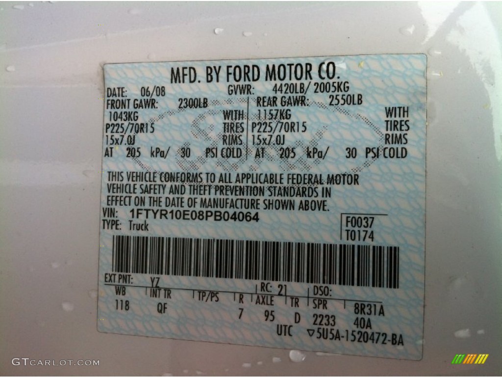 2008 Ford Ranger XL Regular Cab Color Code Photos