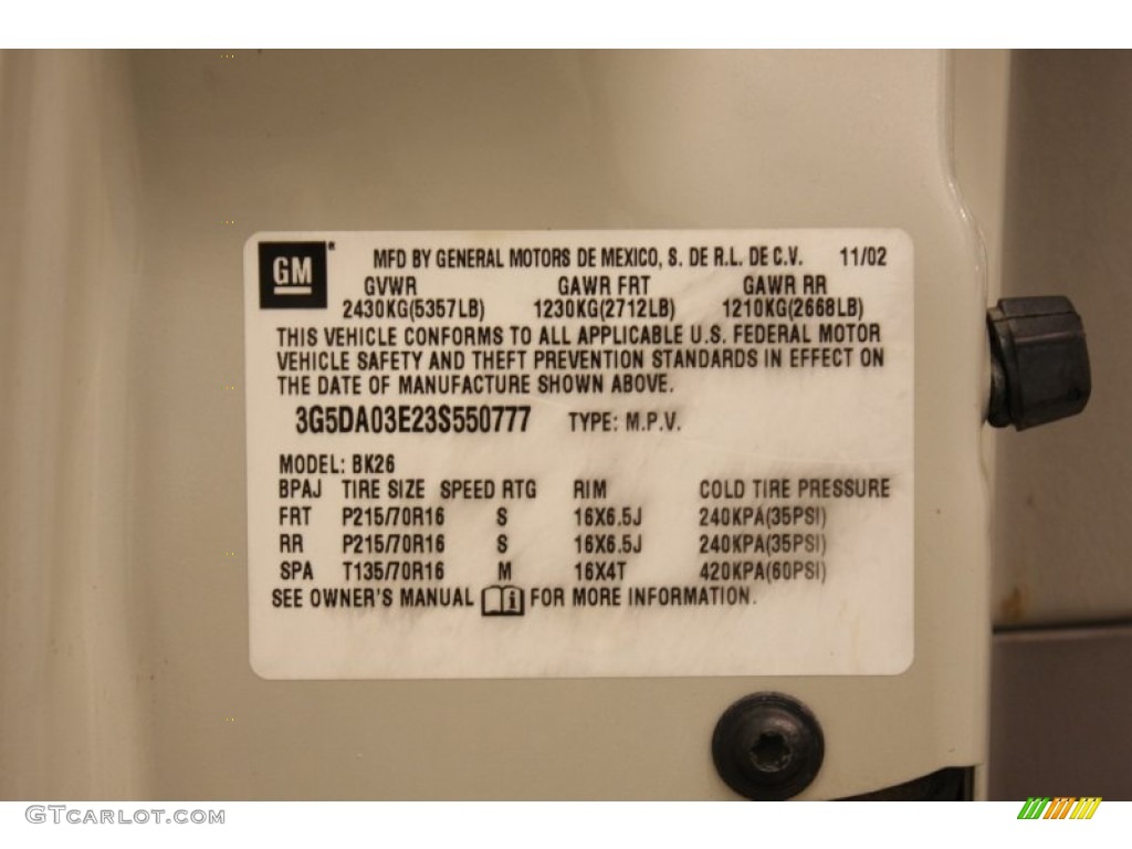 2003 Buick Rendezvous CXL Info Tag Photos