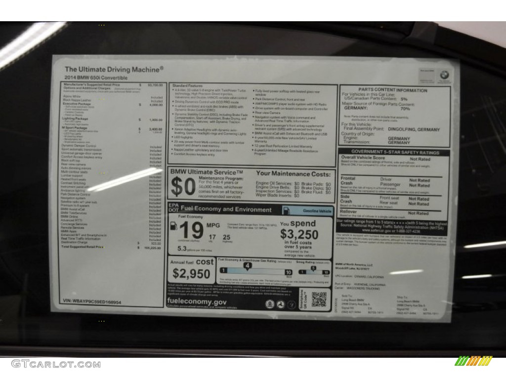 2014 BMW 6 Series 650i Convertible Window Sticker Photo #81416258