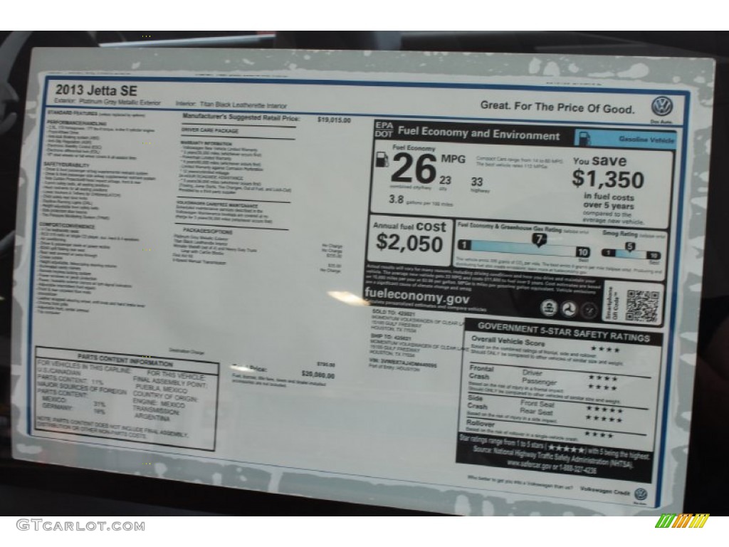 2013 Jetta SE Sedan - Platinum Gray Metallic / Titan Black photo #29