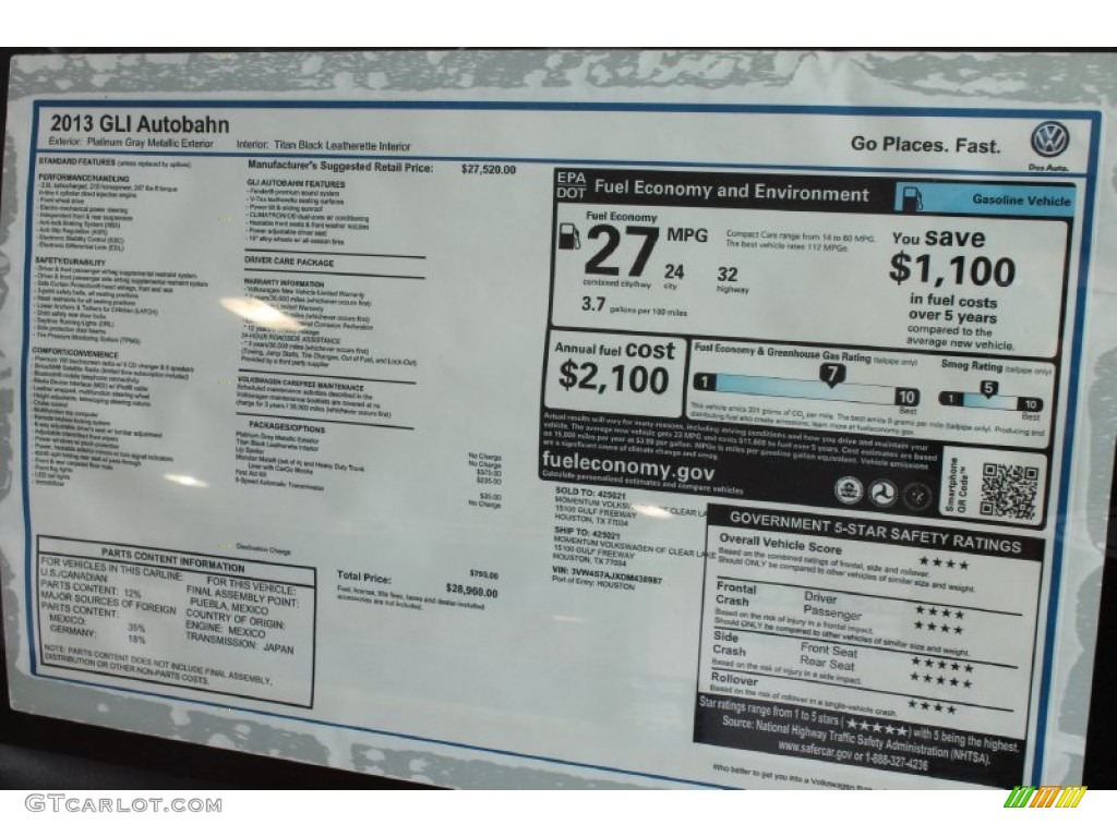 2013 Volkswagen Jetta GLI Autobahn Window Sticker Photo #81420649