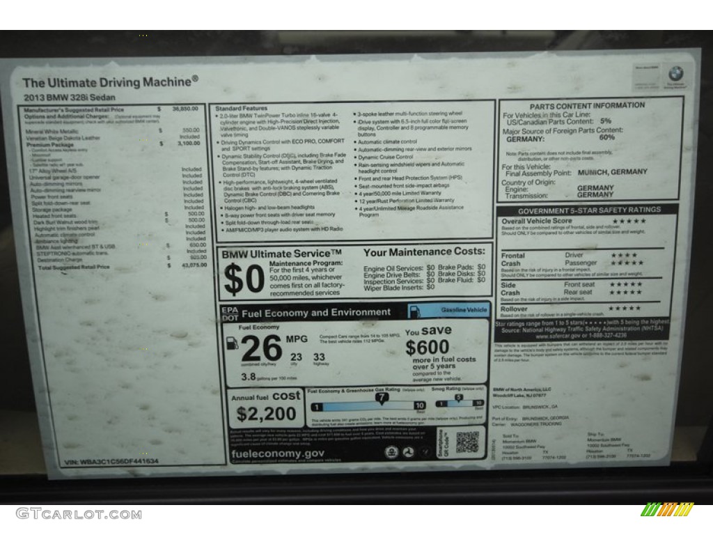 2013 BMW 3 Series 328i Sedan Window Sticker Photo #81440712