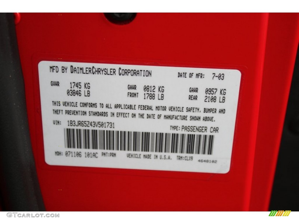 2003 Dodge Viper SRT-10 Color Code Photos