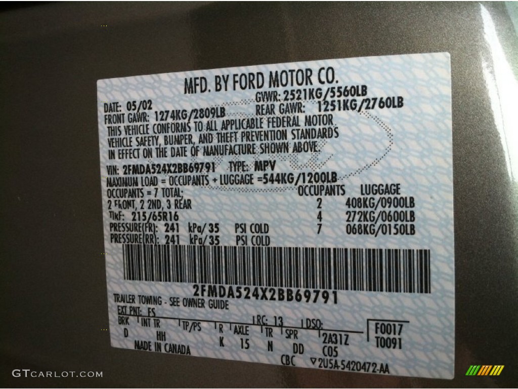 2002 Ford Windstar SE Color Code Photos