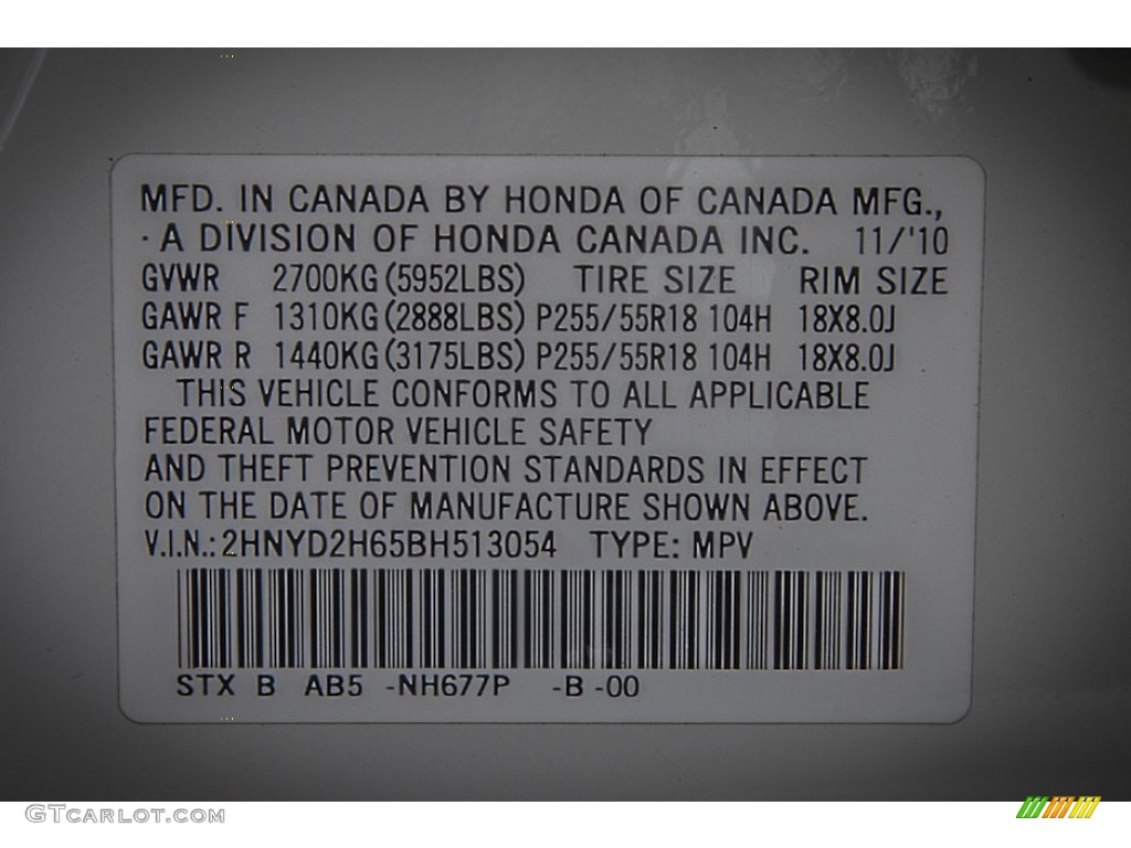 2011 MDX Color Code NH677P for Aspen White Pearl Photo #81522986