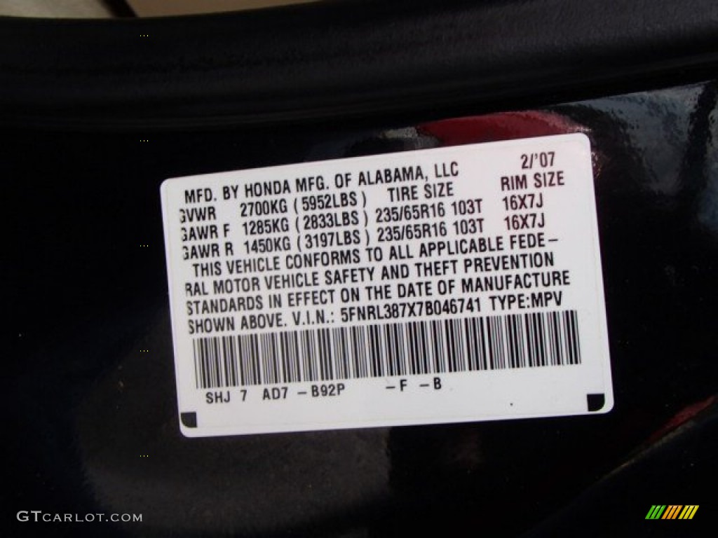 2007 Honda Odyssey EX-L Color Code Photos