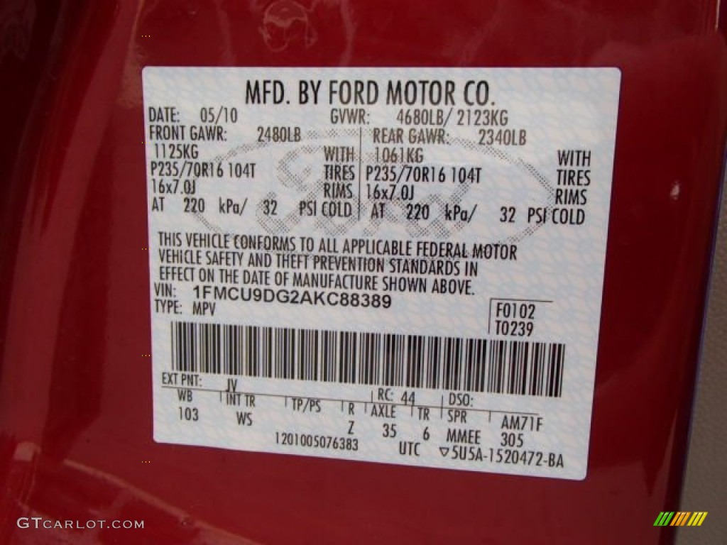 2010 Ford Escape XLT V6 4WD Color Code Photos