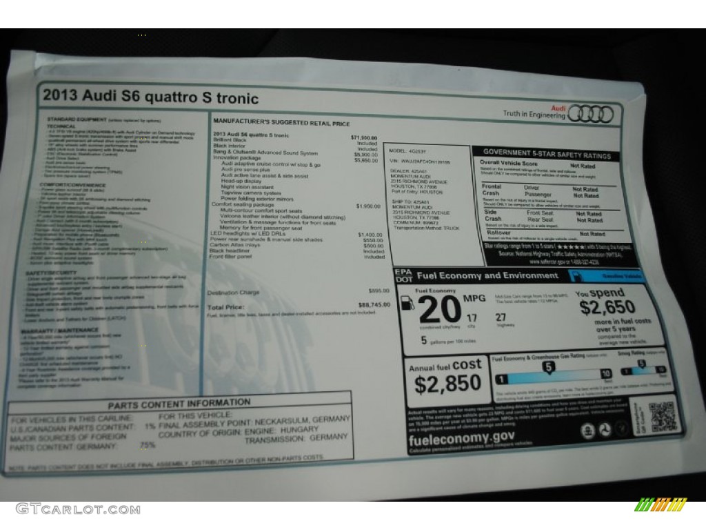 2013 Audi S6 4.0 TFSI quattro Sedan Window Sticker Photos
