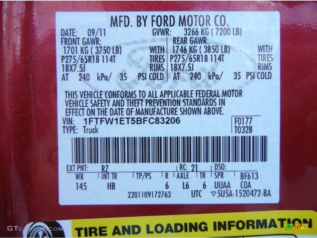 2011 Ford F150 Lariat SuperCrew 4x4 Color Code Photos