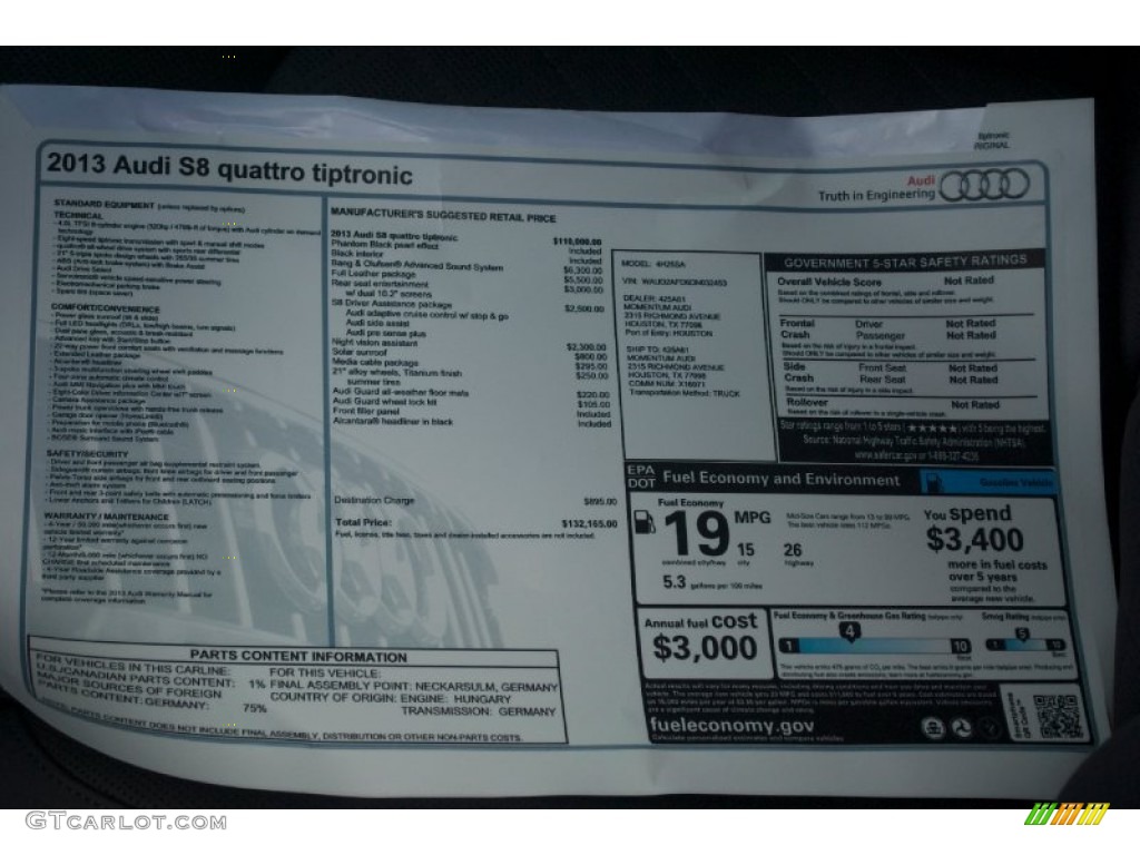 2013 Audi S8 4.0 TFSI quattro Sedan Window Sticker Photo #81552038