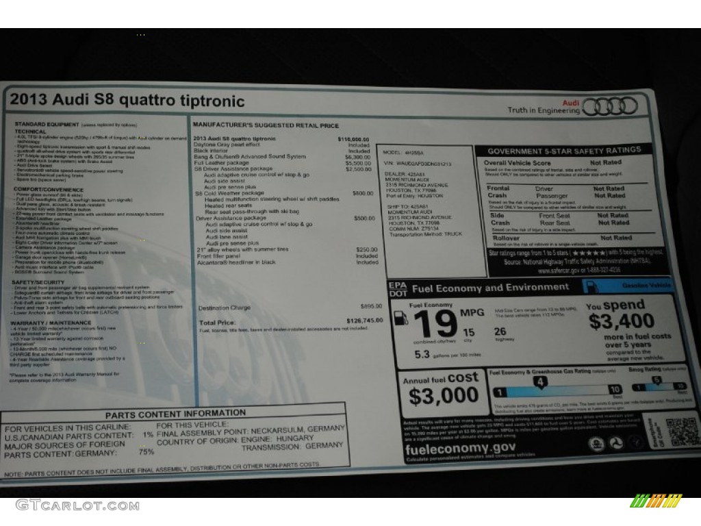 2013 Audi S8 4.0 TFSI quattro Sedan Window Sticker Photo #81553320
