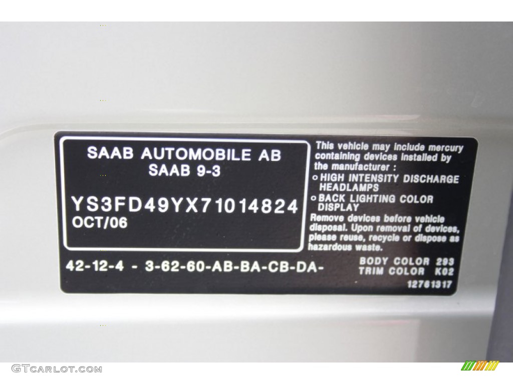 2007 Saab 9-3 2.0T Sport Sedan Color Code Photos