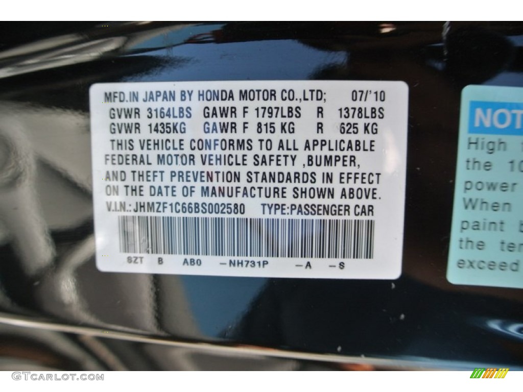 2011 CR-Z Color Code NH731P for Crystal Black Pearl Photo #81595587