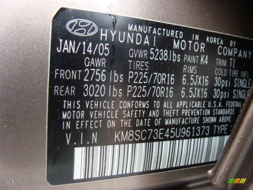 2005 Hyundai Santa Fe LX 3.5 4WD Color Code Photos