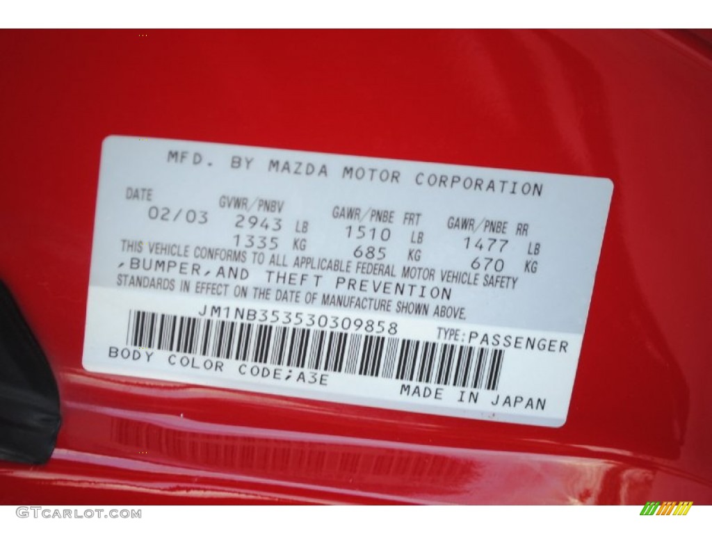 2003 MX-5 Miata Color Code A3E for Classic Red Photo #81618747