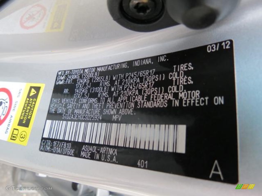 2012 Toyota Highlander Standard Highlander Model Color Code Photos