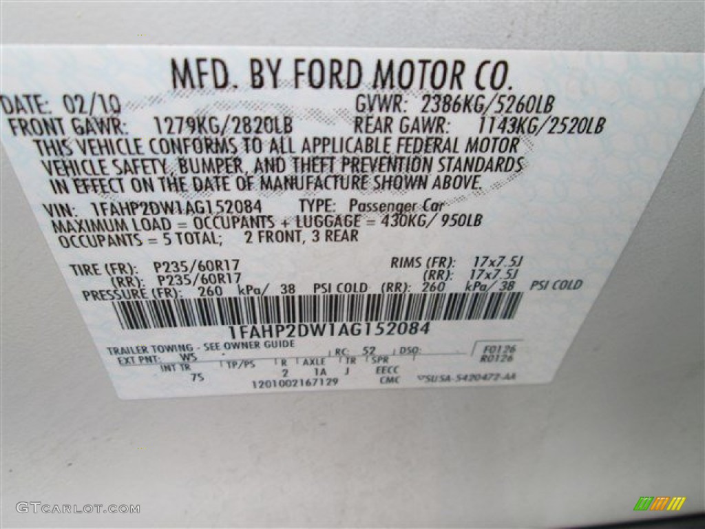 2010 Ford Taurus SE Color Code Photos