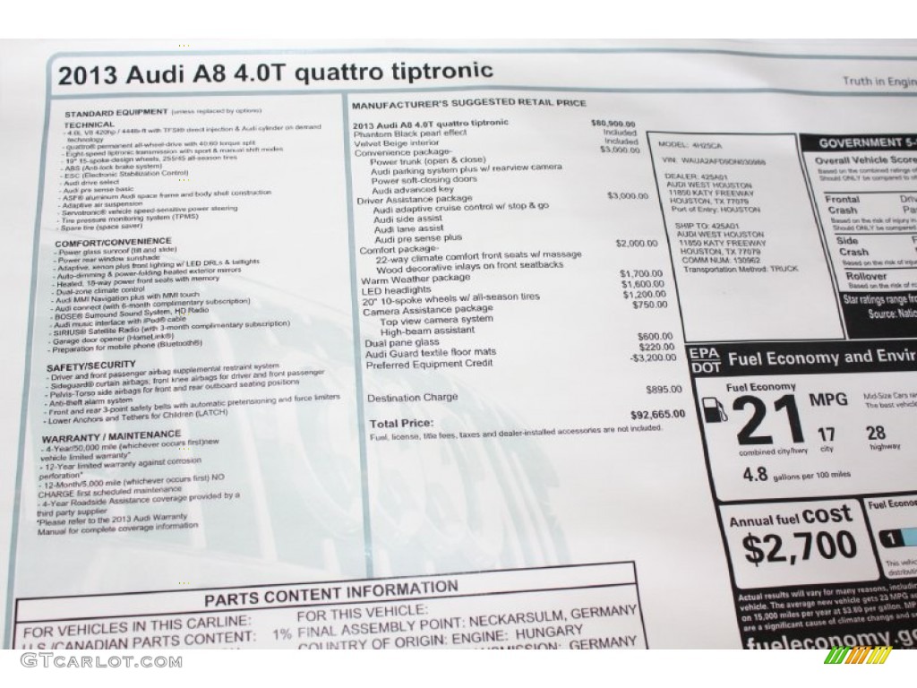 2013 Audi A8 4.0T quattro Window Sticker Photo #81686613